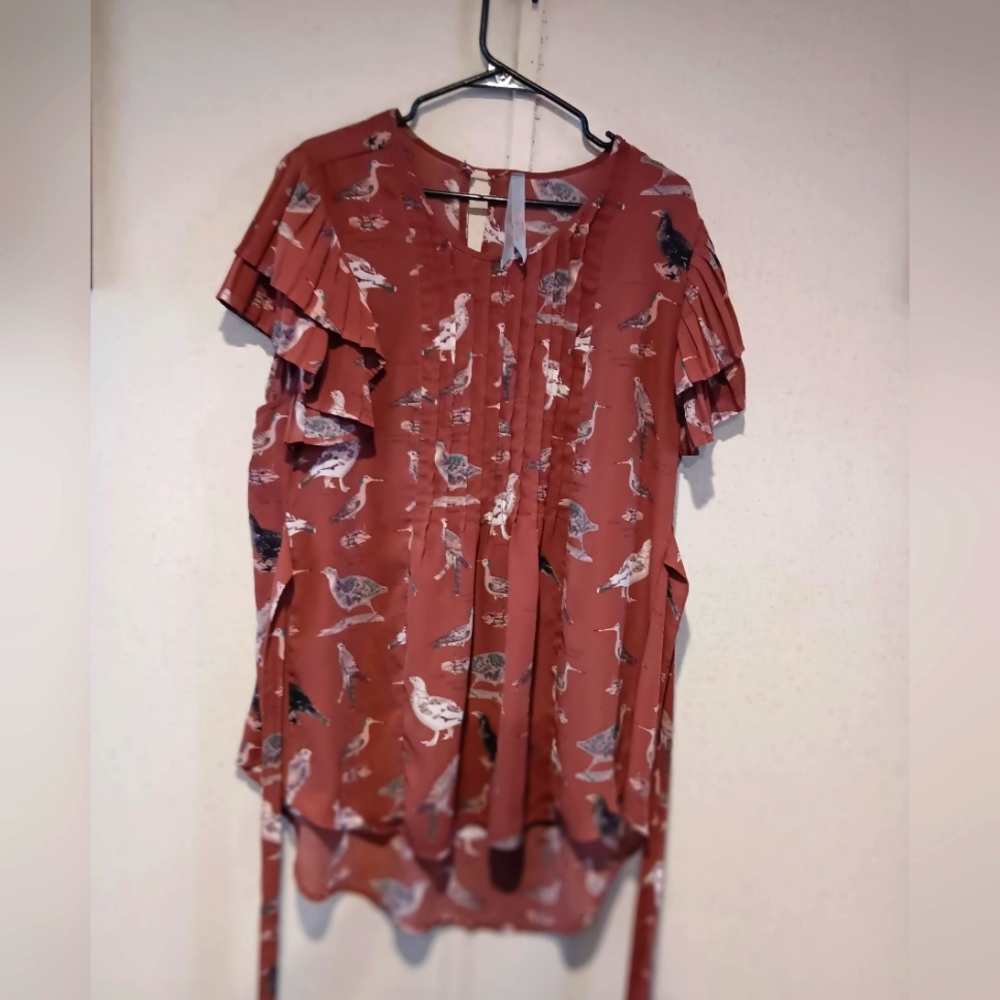 Seven7 Terracotta Bird Print Blouse